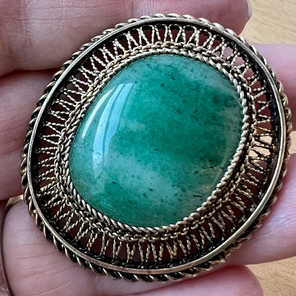 VINTAGE GILDED STERLING SILVER LARGE JADE AVENTURINE PENDANT PIN BROOCH ORNATE